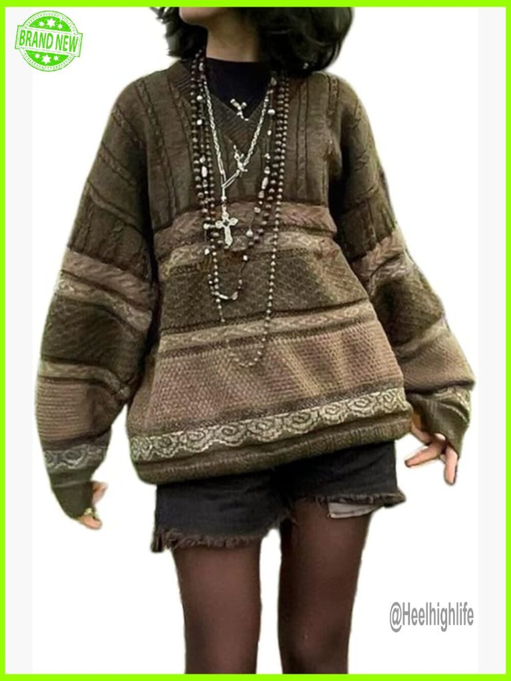 Y2k Grandpa Sweater Oversize Knit Pullover V-Neck Sweatshirt